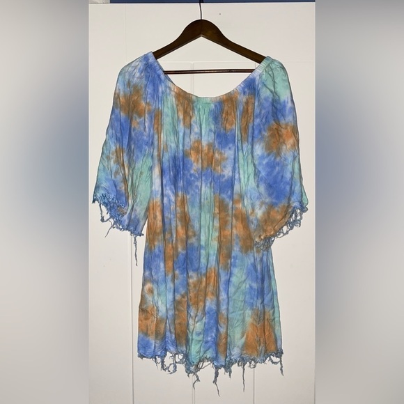 Audrey 3+1 Women Tie Dye Frayed‎ Hemline Mini Dress Off Shoulder Boho Hippie M - Picture 6 of 6